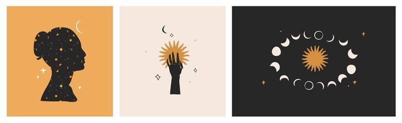 Hand drawn vector abstract stock flat graphic illustrations set with logo element,bohemian astrology magic art of galaxy space,crescent moon,stars,sun and human silhouette,simple style for branding.