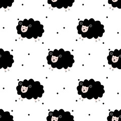 Seamless pattern with cute sheep and lambs. Loop pattern for fabric, textile, wallpaper, posters, gift wrapping paper, napkins, tablecloths. Print for kids. Children's pattern vector illustration.