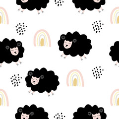 Seamless pattern with cute sheep and lambs. Loop pattern for fabric, textile, wallpaper, posters, gift wrapping paper, napkins, tablecloths. Print for kids. Children's pattern vector illustration.