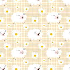 Seamless pattern with cute sheep and lambs. Loop pattern for fabric, textile, wallpaper, posters, gift wrapping paper, napkins, tablecloths. Print for kids. Children's pattern vector illustration.