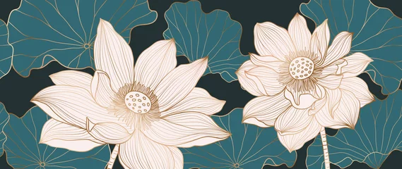 Fotobehang Golden Lotus line art vector in white background. Luxury watercolor wallpaper with lotus flower, green leaves and blooms in hand drawn. Elegant design for banner, invitation, packaging, wall art. © TWINS DESIGN STUDIO