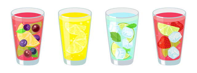 Cocktails drinks set. Refreshing cocktails in glasses. Vector illustration of summer drinks with ice and fruits - lime, lemon, bilberry, blueberry, currant, grape and strawberry. Bar summer menu.