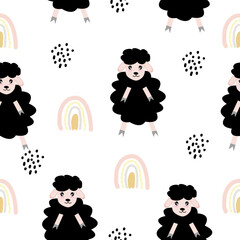 Seamless pattern with cute sheep and lambs. Loop pattern for fabric, textile, wallpaper, posters, gift wrapping paper, napkins, tablecloths. Print for kids. Children's pattern vector illustration.