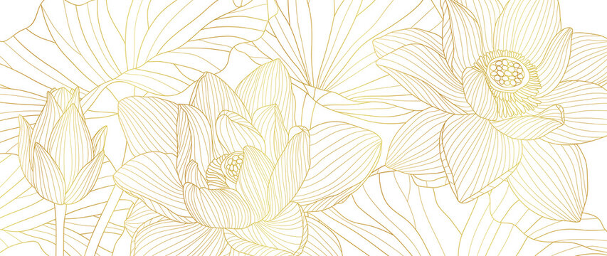 Golden Lotus line art vector in white background. Luxury watercolor wallpaper with lotus flower, leaves and blooms in hand drawn. Elegant design for banner, invitation, packaging, wall art.