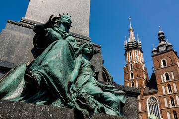 monument to Adam Mickiewicz, 1898, in front of Gothic towers of St. Mary's Basilica (Kościół...