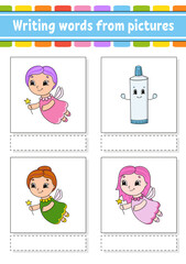Writing words from pictures. Education developing worksheet. Activity page for kids. Puzzle for children. Isolated vector illustration. cartoon characters.