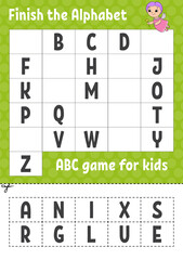 Finish the alphabet. ABC game for kids. Cut and glue. Education developing worksheet. Learning game for kids. Color activity page.