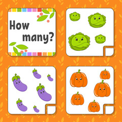 Counting game for children. Happy characters. Learning mathematics. How many object in the picture. Education worksheet. With space for answers. Isolated vector illustration in cute cartoon style.