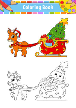 Santa Claus sleigh. Winter deer. Christmas theme. Coloring book page for kids. Cartoon style. Vector illustration isolated on white background.