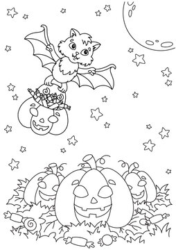 A bat carries a basket of sweets across a pumpkin field. Funny pumpkins. Halloween theme. Coloring book page for kids. Cartoon style. Vector illustration isolated on white background.