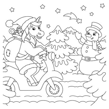 The unicorn rides a moped and carries gifts. Coloring book page for kids. Cartoon style character. Vector illustration isolated on white background.