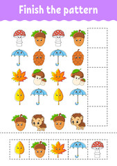 Finish the pattern. Cut and play. Education developing worksheet. Autumn theme. Activity page. cartoon character. Vector illustration.