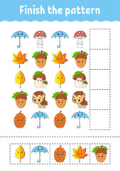 Finish the pattern. Cut and play. Education developing worksheet. Autumn theme. Activity page. cartoon character. Vector illustration.