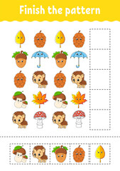 Finish the pattern. Cut and play. Education developing worksheet. Autumn theme. Activity page. cartoon character. Vector illustration.