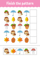 Finish the pattern. Cut and play. Education developing worksheet. Autumn theme. Activity page. cartoon character. Vector illustration.