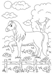 Fototapeta na wymiar Cute horse. Farm animal. Coloring book page for kids. Cartoon style. Vector illustration isolated on white background.