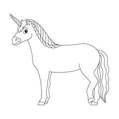Cute unicorn. Magic fairy horse. Coloring book page for kids. Cartoon style. Vector illustration isolated on white background.