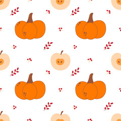 Vector seamless pattern with pumpkin, apple, branch and berry. Autumn illustration