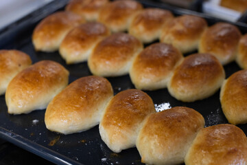 Home baking. Pies just from oven. Closeup, selective focus.