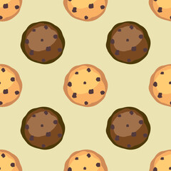 Seamless chocolate chip cookie pattern on beige background. Design vector illustration for Cookie day decor, wallpaper, packaging, print for textile.