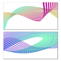 Wavy lines or ribbons on a white background. Installed. Multicolored striped gradient. Creative unusual background with abstract gradient wave lines for creating trendy banner, poster. Vector eps