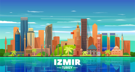 Izmir (Turkey) city skyline vector at sky background. Flat vector illustration. Business travel and tourism concept with modern buildings. Image for banner or web site.