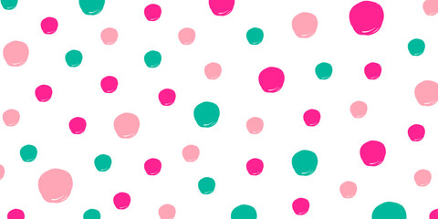 Abstract colorful polka dot background template in doodle style. Turquoise, bright and pale pink dots on horizontal panoramic white background. Random spots. Trendy spotted texture