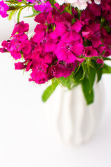 Beautiful summer carnation flowers in a white vase close up, part of home interior