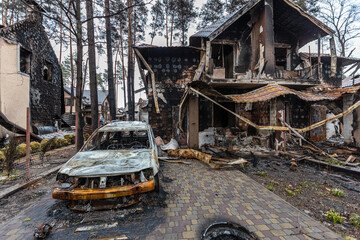 Irpin, Kyev region Ukraine - 09.04.2022: Cities of Ukraine after the Russian occupation. Destroyed...