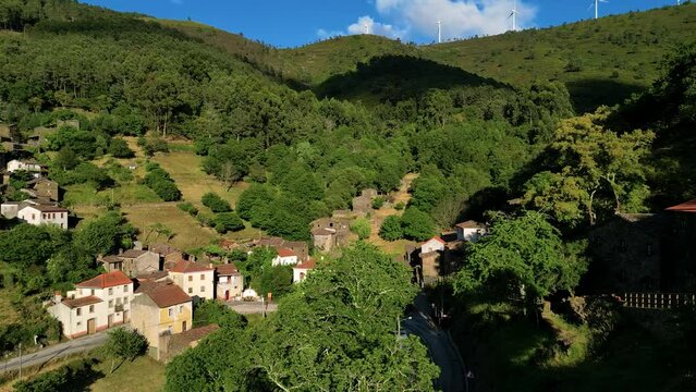 Aerial drone view of Candal, slate stone village, Lousa, Portugal