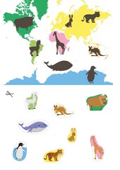 Animal map of the world game for children and kids. Cut out shapes ond match them with shadows.