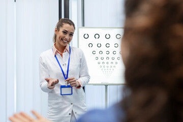 Professional female optician pointing at eye chart, timely diagnosis of vision. Portrait of optician asking patient for an eye exam test with an eye chart monitor at his clinic
