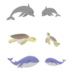 Cute sea animals in cartoon childish style for cut out. Vector illustration with mothers and babies isolated on white background.