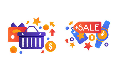 Shopping Flat and Colorful Icon with Sale Tag and Basket Vector Set