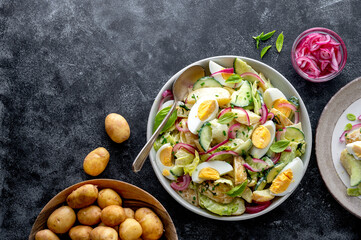 Potato salad with eggs, cucumbers and red pickled onions. Delicious healthy summer salad. Dark background.