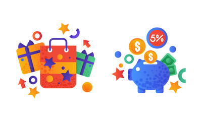 Fototapeta premium Shopping Flat and Colorful Icon with Package Bag and Piggy Bank Vector Set