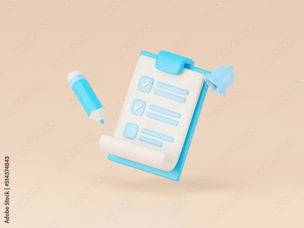 Poster 3d render of checklist clipboard and pencil.