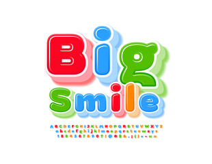 Vector happy card Big Smile. Bright 3D Font. Glossy colorful Alphabet Letters, Numbers and Symbols set