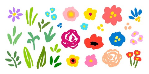 Simple vector illustration in a flat cartoon style. Set of different floral elements. Colorful flowers, leaves, green grass. Spring summer collection. For creating patterns, postcards, product design.
