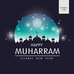 Simple Happy Muharram Islamic New Year greetings in blue circle and dark blue background