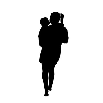 mother with baby in her arms , give kiss together, vector silhouette isolated on white background