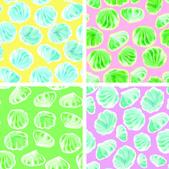 A set of seamless vector backgrounds. Textures of meringue drawings of candy desserts, Confectionery. Stylization of watercolors. For packaging 