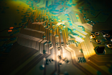 Electronic circuit board technology background. Electronic plate pattern. Circuit board, electrical scheme. Technology background. Electronic microcircuit with microchips and capacitors taken.