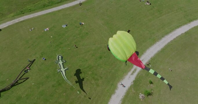 Slow motion aerial footage of giant kites in Chattanooga, TN.