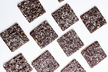 Flat lay crispy coconut chocolate malkist isolated on white background