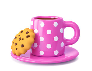Polka dot mug with hot drink and chocolate cookie isolated on white