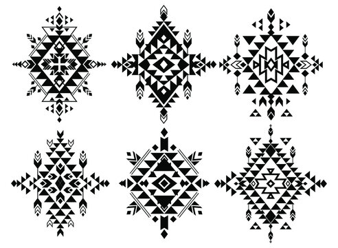 Vector set. Tribal folk aztec geometric pattern element. Black art print design. Poster.