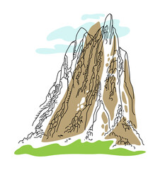 Rock and green meadow. Drawn with a black line. Contour vector drawing with colored spots on the theme of mountains and mountain tourism.