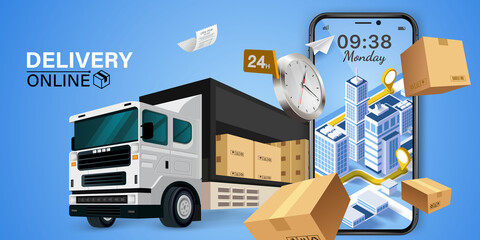Parcel tracking app. 
delivery truck with cargo box is on a mobile phone. Online Parcel Inspection Concept.Online delivery transport logistics service. Warehouse factory express delivery box.