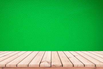 wood plank with abstract green leather background for product display